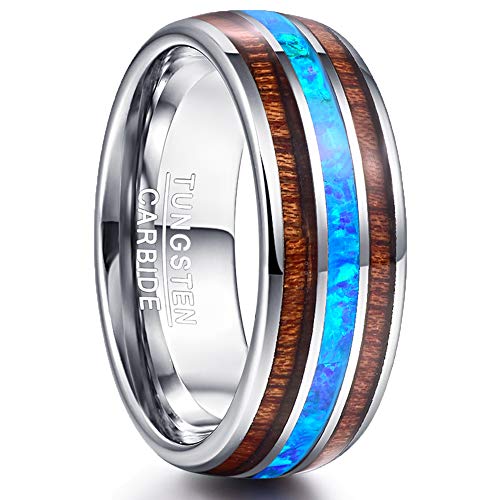 NUNCAD 8mm Wolfram Ring Herren Damen Unisex Silber mit Opal Blau & HOA Holz für Hochzeit Verlobung Geburtstag Valentinstag Größe 56.0 (17.8) von NUNCAD