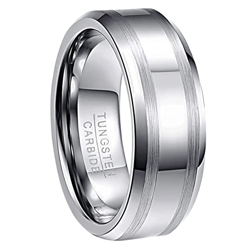 NUNCAD Herren Damen Partner Ring aus Wolfram mit 2 Gebürsteten Streifen Silber 8mm für Hochzeit Verlobung Jahrestag Valentinstag Größe 61 von NUNCAD