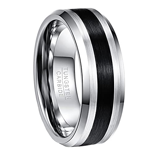 NUNCAD Herren Ring aus Wolframcarbid hochpoliert und Innen gebürstet Finish schwaze Streifen 8mm Silber Verlobungsring Hochzeitsring Größe 56.0 (17.8) von NUNCAD