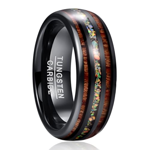 NUNCAD Ring Damen/Herren 8mm breit Ring Unisex Wolfram mit Feueropal und Koaholz schwarz Ring für Hochzeit Verlobung Partner Geburtstag und Lifestyle Größe 54.4 von NUNCAD