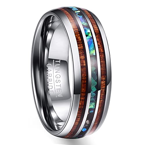 NUNCAD Wolfram Ring Herren Damen Unisex 8mm Schwarz mit Opal & Koa Holz für Hochzeit Verlobung Geschenk Lifestyle Men Fashion Größe 61 von NUNCAD
