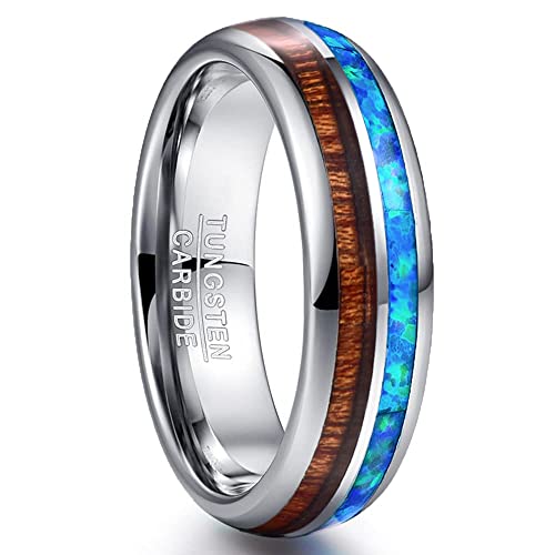 NUNCAD 6mm Wolfram Ring Silber Damen Herren Blau Opal Ringe mit Koa Holz Unisex Partner Ring für Fashion Alltag Hochzeit Urlaub Geburtstag Größe 62.0 (19.7) von NUNCAD