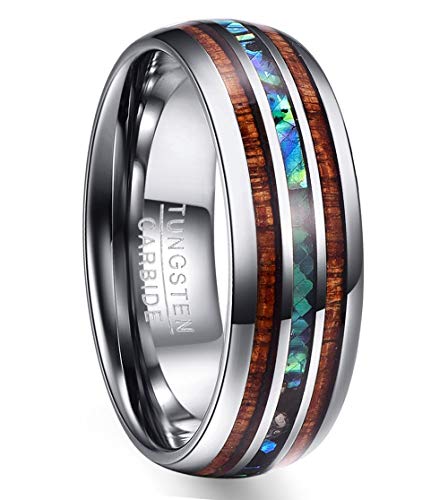 NUNCAD Ring für Herren Silber Wolframring mit Abalone Muschel 8mm Breit Holz Ring Partringe Verlobungsring Poliert Dom Größe 71(22.6) von NUNCAD