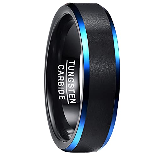 NUNCAD Herren Damen Unisex Ring aus Wolfram 6mm Breit Schwarz mit Blauen Ränden Matt für Verlobung Trauung Geschenk Größe 62.0 (19.7) von NUNCAD
