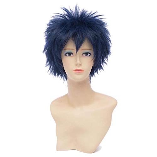 Nunubee Blau Schwarz 11.8 Zoll Kurze flauschige, stachelige, geschichtete, universelle, synthetische Cosplay-Anime-Perücken von Nunubee