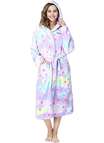 Damen Fleece Kapuzen Bademantel Fluffy Warm Weicher Tasche Langarm Kimono Schlafanzug Morgenmantel Nachtwäsche Saunamantel Winter Robe Pyjama Nachthemd Reisebademantel(Violett Stern,S) von Nuofengkudu