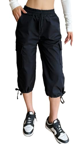 Nuofengkudu 3/4 Hose Damen Sommer Capri Cargohosen Gummizug Pull On Tunnelzug 6 Taschen Stretch Sporthose Verstellbarem Bündchen Leichte Bequeme Einfarbig Caprihosen Outdoor Streetwear Schwarz M von Nuofengkudu