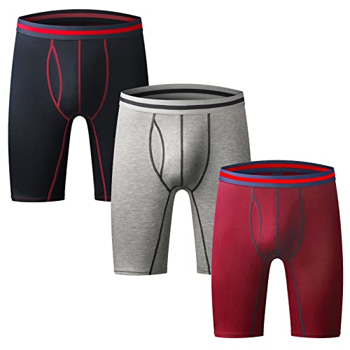 Nuofengkudu Herren Männer Boxershorts Langes Bein Retroshorts Sport Unterhosen Offen Elastan Baumwolle Bequeme Mode Boxer Brief Unterwäsche (3er Pack) Rot/Grau/Blau Größe 2XL von Nuofengkudu