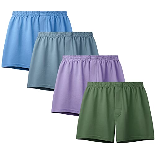 Nuofengkudu Boxershorts Herren Locker Weich Gummibund Relax Nahtlose Unterwäsche Elasthan Baumwolle Atmungsaktive Männer Unterhosen Ohne Etikett Schlafshorts Pyjama 4er Pack Blau Helllila Grün 2XL von Nuofengkudu