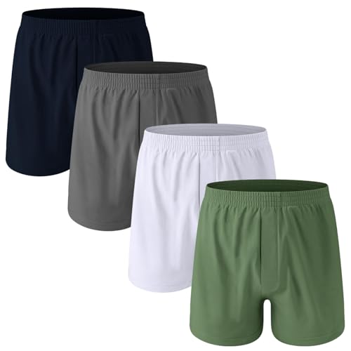 Nuofengkudu Boxershorts Herren Weit Baumwolle Locker Ohne Eingriff Gummibund Boxer Shorts Männer Unterhosen Unisex Elastan Schlafshorts Atmungsaktive Underwear Men 4er Pack Weiß Grau Marine Grün 3XL von Nuofengkudu