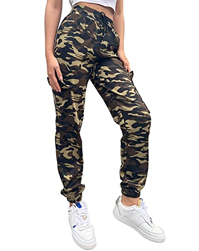 Nuofengkudu Camouflage Hose Damen Harem Cargo Seitentaschen Jogginghose Gummizug Teenager Mädchen Joggpants Sweathose Sporthose Haremshose Bequeme Sport Hose Cargohose Jogahosen Freizeithose Grün XL von Nuofengkudu