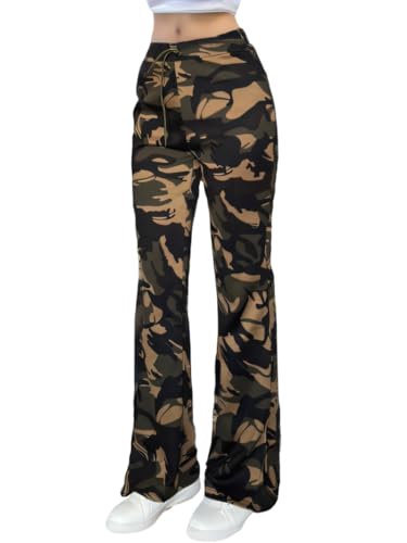 Nuofengkudu Camouflage Schlaghose Bootcut Hose Damen Stretch Jogginghose Wide Leg Camo Muster Skinny Sporthose Gummibund Kordelzug Tarnhosen Teenager Streetwear Schlupfhose Sweathose Outdoor Grüne L von Nuofengkudu