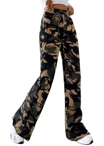 Nuofengkudu Camouflage Schlaghose Bootcut Hose Damen Stretch Jogginghose Wide Leg Camo Muster Skinny Sporthose Gummibund Kordelzug Tarnhosen Teenager Streetwear Schlupfhose Sweathose Outdoor Grüne L von Nuofengkudu