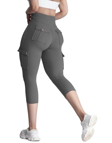 Nuofengkudu Capri Leggings für Frauen Cargotaschen Hoch Taillierte 3/4 Leggings Beschnitten Damen Bauchkontrolle Butt Lift Fitnessstudio Sport Laufstretchhose Yogahosen Workout Fitness Dunkelgrau S von Nuofengkudu