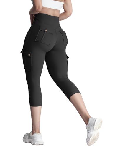Nuofengkudu Capri Leggings für Frauen Cargotaschen Hoch Taillierte 3/4 Leggings Beschnitten Damen Bauchkontrolle Butt Lift Fitnessstudio Sport Laufstretchhose Yogahosen Workout Fitness Schwarz S von Nuofengkudu