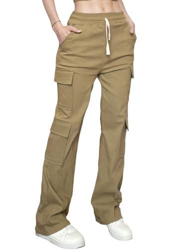 Nuofengkudu Cargohose Damen High Waist Gummibund Straight Arbeitshose 6 Taschen Stretch Cargo Hose Y2K Locker Outdoorhose Funktionshose Lange Weites Teenager Mädchen Freizeithose Gothic Khaki M von Nuofengkudu