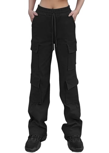 Nuofengkudu Cargohose Damen High Waist Gummibund Straight Arbeitshose 6 Taschen Stretch Cargo Hose Y2K Locker Outdoorhose Funktionshose Lange Weites Teenager Mädchen Freizeithose Gothic Schwarz L von Nuofengkudu