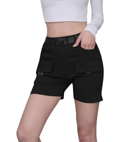 Nuofengkudu Petite Cargohose Damen Kurz Hosen mit Tasche Stretch High Waist Sommer Kurze Arbeitshose Joggpants Freizeithose Teenager Mädchen Leicht Y2k Hotpants Sport Jogging Shorts Schwarz XL von Nuofengkudu