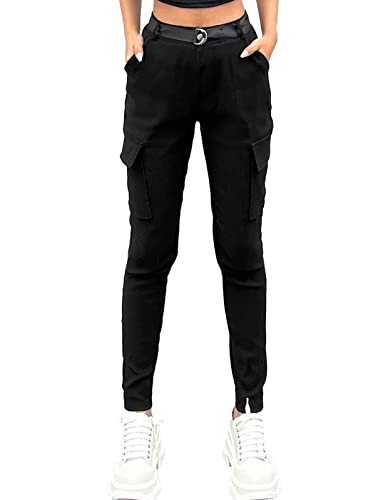 Nuofengkudu Cargohose Damen Stretch Cargo Leggings Hose mit Taschen Frauen Skinny Kargo Hosen mit Gummizug Gummibund Seitentaschen Teenager Mädchen Moda Sportleggins Jeggings Stoffhose Schwarz S von Nuofengkudu