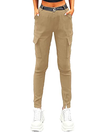 Nuofengkudu Cargohose Damen Stretch Cargo Leggings Hose mit Taschen Frauen Skinny Kargo Hosen mit Gummizug Gummibund Teenager Mädchen Moda Stoffhose Seitentaschen Sportleggins Jeggings Khakifarben M von Nuofengkudu