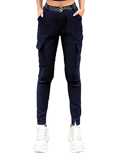 Nuofengkudu Cargohose Damen Stretch Cargo Leggings Hose mit Taschen Frauen Skinny Kargo Hosen mit Gummizug Gummibund Teenager Mädchen Moda Stoffhose Seitentaschen Sportleggins Jeggings Marineblau L von Nuofengkudu