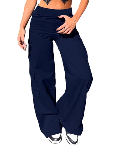 Nuofengkudu Cargohose Damen Weite Hosen Stretch High Waist Cargo Taschen Palazzo Hose Bootcut Schlaghose Damenhosen Gummizug Y2K Teenager Mädchen Frauen Arbeitshosen Stoffhose Outdoor Marineblau M von Nuofengkudu