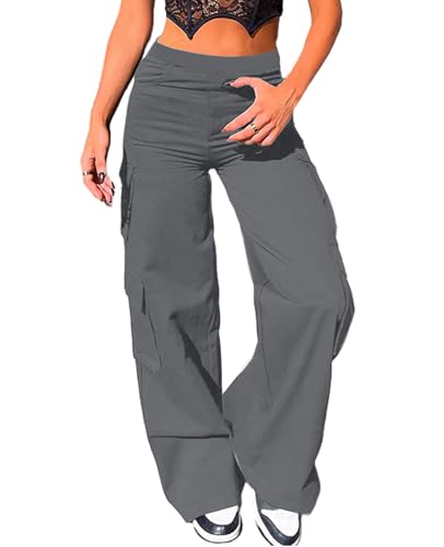 Nuofengkudu Cargohose Damen Weite Hosen Stretch High Waist Cargo Taschen Palazzo Hose Bootcut Schlaghose Damenhosen mit Gummizug Y2K Teenager Mädchen Frauen Arbeitshosen Stoffhose Outdoor Grau S von Nuofengkudu