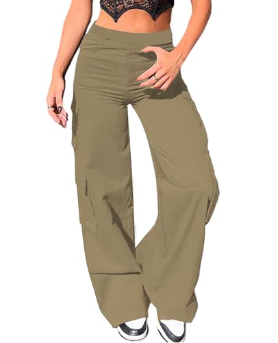 Nuofengkudu Cargohose Damen Weite Hosen Stretch High Waist Cargo Taschen Palazzo Hose Bootcut Schlaghose Damenhosen mit Gummizug Y2K Teenager Mädchen Frauen Arbeitshosen Stoffhose Outdoor Kaki 2XL von Nuofengkudu