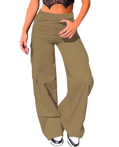 Nuofengkudu Cargohose Damen Weite Hosen Stretch High Waist Cargo Taschen Palazzo Hose Bootcut Schlaghose Damenhosen mit Gummizug Y2K Teenager Mädchen Frauen Arbeitshosen Stoffhose Outdoor Kaki L von Nuofengkudu
