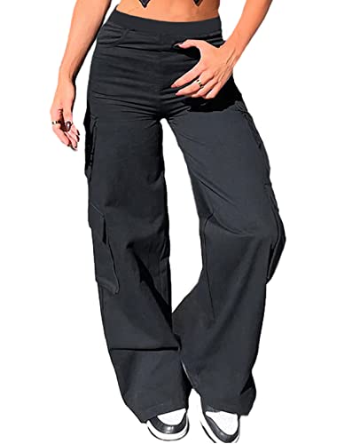 Nuofengkudu Cargohose Damen Weite Hosen Stretch High Waist Cargo Taschen Palazzo Hose Bootcut Schlaghose Damenhosen mit Gummizug Y2K Teenager Mädchen Frauen Arbeitshosen Stoffhose Outdoor Schwarz L von Nuofengkudu