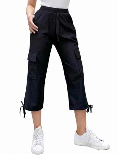 Nuofengkudu Cargohose Dreiviertel Hose Damen Petite Sommer 3/4 Hosen 6 Taschen Kordelzug Gummibund Jogginghose Teenager Mädchen Sportlich Cargo Caprihosen Leicht Sweatpants Sommerhose Schwarze M von Nuofengkudu