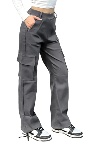 Nuofengkudu Cargohosen Straight Damen Stretch 4 Taschen Kordelzug Buendchen Cargo Hosen Wanderhose Gummibund Schlupfhose Bequeme Arbeitshose Teenager Mädchen Y2k Streetwear Classics Lässige Grau S von Nuofengkudu
