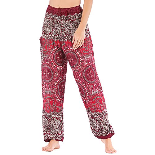 Nuofengkudu Damen Baumwolle Haremshose mit Taschen Boho Gemustert High Waist Leichte Baggy Yogahose Freizeithose Sommer Strand Festlich Pluderhose(Rot Compass,Einheitsgröße) von Nuofengkudu