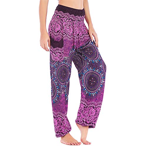 Nuofengkudu Damen Baumwolle Haremshose mit Taschen Boho Gemustert High Waist Leichte Baggy Yogahose Freizeithose Sommer Strand Festlich Pluderhose(Violett Compass,Einheitsgröße) von Nuofengkudu