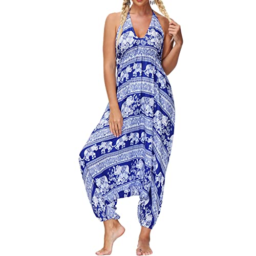 Nuofengkudu Damen Blumen Boho Jumpsuit V Ausschnitt Rückenfrei Overall Leichte Sommerkleid Outfits Strandkleid Sommermode Einheitsgröße S-Blau Elefant von Nuofengkudu