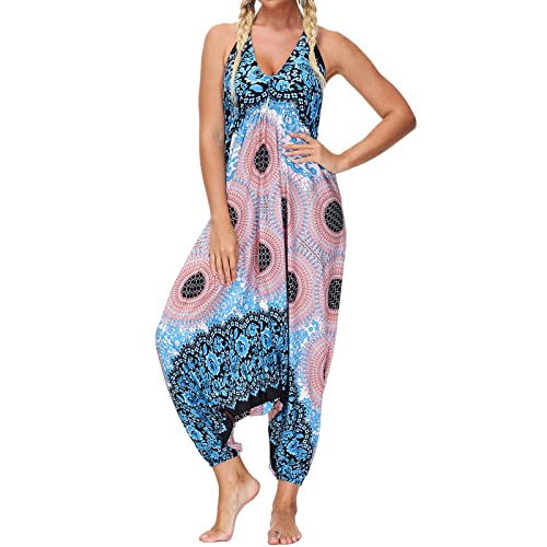 Nuofengkudu Damen Blumen Boho Jumpsuit V Ausschnitt Rückenfrei Overall Leichte Sommerkleid Outfits Strandkleid Sommermode Einheitsgröße S-Blau Rot von Nuofengkudu