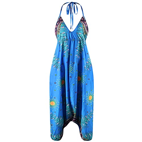 Nuofengkudu Damen Blumen Boho Jumpsuit V Ausschnitt Rückenfrei Overall Leichte Sommerkleid Outfits Strandkleid Sommermode Einheitsgröße S-Blau von Nuofengkudu