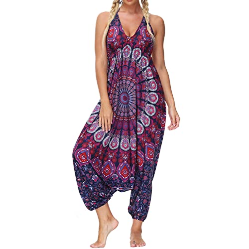 Nuofengkudu Damen Blumen Boho Jumpsuit V Ausschnitt Rückenfrei Overall Leichte Sommerkleid Outfits Strandkleid Sommermode Einheitsgröße S-Lila Blume von Nuofengkudu