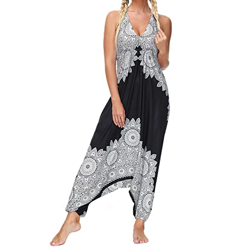 Nuofengkudu Damen Blumen Boho Jumpsuit V Ausschnitt Rückenfrei Overall Leichte Sommerkleid Outfits Strandkleid Sommermode Einheitsgröße S-Schwarz Blume von Nuofengkudu