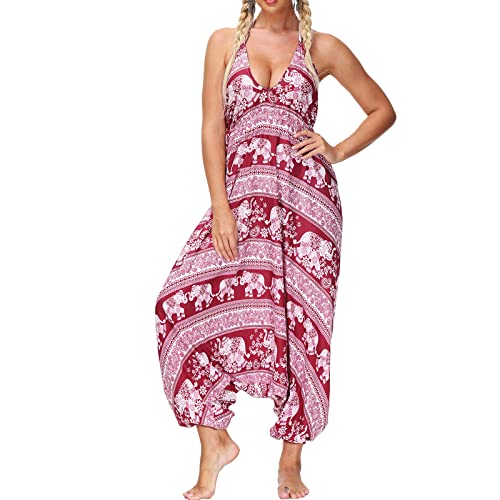 Nuofengkudu Damen Blumen Boho Jumpsuit V Ausschnitt Rückenfrei Overall Leichte Sommerkleid Outfits Strandkleid Sommermode Einheitsgröße S-Weinrot Elefant von Nuofengkudu