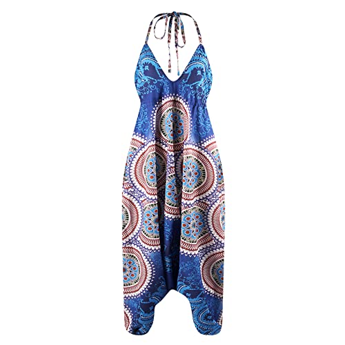 Nuofengkudu Damen Blumen Boho Jumpsuit V Ausschnitt Rückenfrei Overall Leichte Sommerkleid Playsuits Strandkleid Sommeroutfit Einheitsgröße S-Blau Kreis von Nuofengkudu