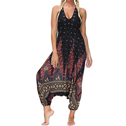 Nuofengkudu Damen Blumen Boho Jumpsuit V Ausschnitt Rückenfrei Overall Leichte Sommerkleid Playsuits Strandkleid Sommeroutfit Einheitsgröße S-Braun Pfau von Nuofengkudu