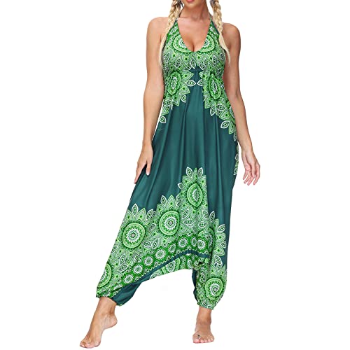 Nuofengkudu Damen Blumen Boho Jumpsuit V Ausschnitt Rückenfrei Overall Leichte Sommerkleid Playsuits Strandkleid Sommeroutfit Einheitsgröße S-Grün Blume B von Nuofengkudu