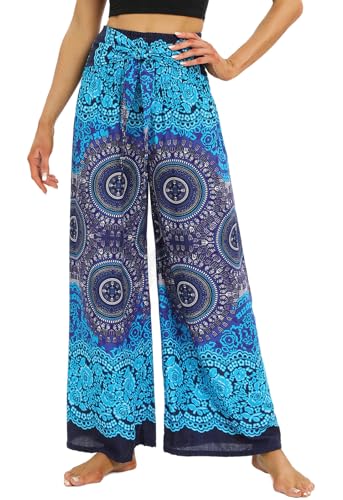 Nuofengkudu Damen Boho Weite Hosen Kurzgröße Rüschen Hoher Taillenbund Gürtel Sommerlich Fließend Hippie-Muster Rayon Leichte Palazzo Lounge Reisen Urlaub Strandpartys Einheitsgröße Blau C von Nuofengkudu