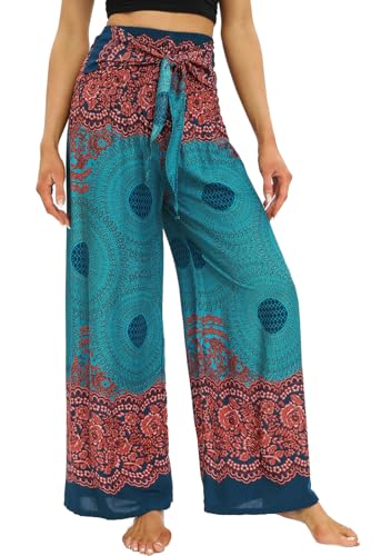 Nuofengkudu Damen Boho Weite Hosen Kurzgröße Rüschen Hoher Taillenbund Gürtel Sommerlich Fließend Hippie-Muster Rayon Leichte Palazzo Lounge Reisen Urlaub Strandpartys Einheitsgröße Grün B von Nuofengkudu