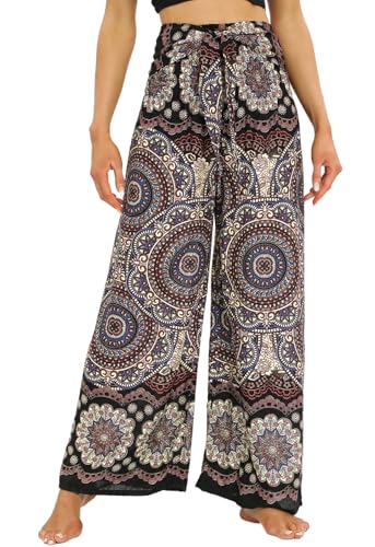 Nuofengkudu Damen Boho Weite Hosen Kurzgröße Rüschen Hoher Taillenbund Gürtel Sommerlich Fließend Hippie-Muster Rayon Leichte Palazzo Lounge Reisen Urlaub Strandpartys Einheitsgröße Schwarz D von Nuofengkudu
