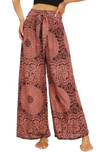 Nuofengkudu Damen Boho Weite Hosen Kurzgröße Rüschen Hoher Taillenbund Gürtel Sommerlich Fließend Hippie-Muster Rayon Leichte Palazzo Lounge Reisen Urlaub Strandpartys Einheitsgröße Schwarz E von Nuofengkudu