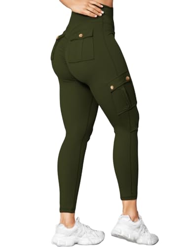 Nuofengkudu Damen Booty Scrunch Butt Leggings Push up Effekt Cargo Tasche High Waist Po Betont Formende Blickdicht Bequeme Gym Sportleggins Sport Hosen Workout Sporthose Jogginghose Armee Grün 3XL von Nuofengkudu