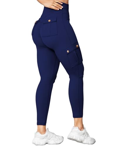 Nuofengkudu Damen Booty Scrunch Butt Leggings Push up Effekt Cargo Tasche High Waist Po Betont Formende Blickdicht Bequeme Gym Sportleggins Sport Hosen Workout Sporthose Jogginghose Dunkelblau L von Nuofengkudu