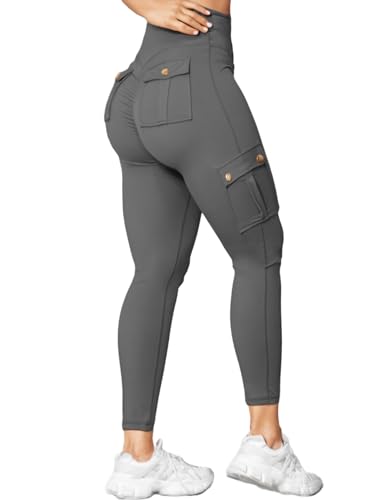 Nuofengkudu Damen Booty Scrunch Butt Leggings Push up Effekt Cargo Tasche High Waist Po Betont Formende Blickdicht Bequeme Gym Sportleggins Sport Hosen Workout Sporthose Jogginghose Dunkelgrau L von Nuofengkudu